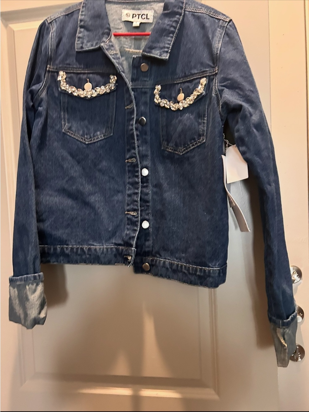 PTCL Dark Blue Denim Jacket with Crystal-Trim Pockets